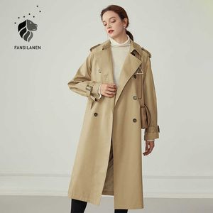 Fansilanen Khaki Длинные женские женские пальто осень зима створки пояса мода ветровка женской причиной стрит одежды куртка Trenchcoat 210607