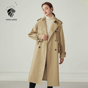 Fansilanen Khaki Lång Kvinnors Trench Coat Höst Vinter Sash Belt Fashion Windbreaker Kvinna Kausal Streetwear Jacka Trenchcoat 210607