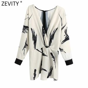 Donne Vintage V Neck Ink Painting Kodated Smock Smock Blouse Office Patchwork Kimono Shirts Chic Blusas Tops LS7430 210420