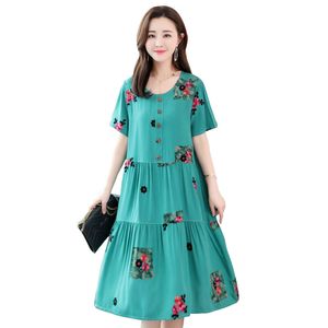 新しい女性の夏のドレス綿の刺繍ビンテージドレスvestidosローブプラスサイズのドレスAライン半袖ファムカジュアルプリントx0521
