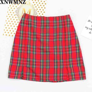 Sommar Plaid Sexig Korea Split Harajuku Kläder Penna Kjolar Kvinnor Mini Kawaii Röd Kvinna Vintage Tjej Skirt 210520