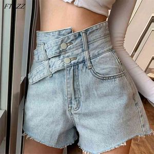 الصيف المرأة زر مزدوج تصميم عالية الخصر قصيرة جينز الشارع الأزياء مريحة المعتاد الدنيم S 210430