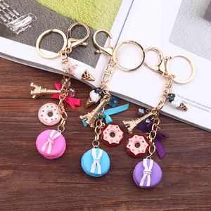 Fashion Trinkets Keychain Holder Bow Macaron Donut Effiel Tower Ice Cream Keying Key Ring Chains Bilväska Pärlor Tillbehör till Kvinnor Flickor