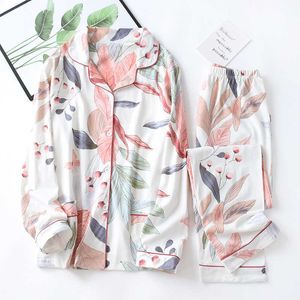 Mulheres Manga Longa Nightwear Outono 100% Algodão De Malha Pijama Set Surgindo Collar Folhas Impressão Pijamas Loungewear Sleepwear 210622