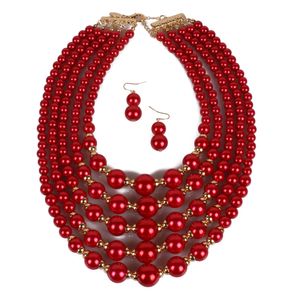 Collana girocollo di perle d'imitazione multistrato e orecchini pendenti con perline bianche rosse Collare finto Sautoir per la festa nuziale delle donne