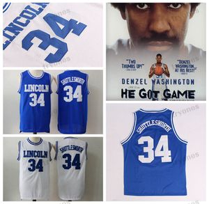 Mens # 34 Jesus Shuttlesworth Lincoln High School Ray Allen Basketball Jerseys 1998 Filme Ele recebeu Jogo Jersey Azul Branco Vermelho Costurado Camisas