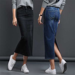 Classic Denim Skirt Kvinnor Lång Jean High Waist Pencil Ladies Stretch Black Blue Faldas Largas Jupe Longue Femme 210629