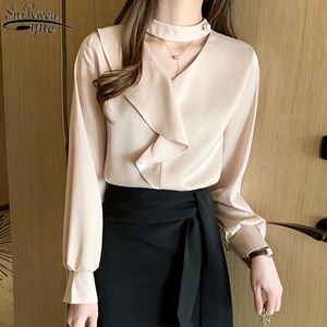 Chemisier Femme 2021 Autumn V-Neck Ruffle Satin Satin Shirt Korean Style All-Match Long-Sleeve Blouse Women SolidWhite Tops 10498女性のブラウス