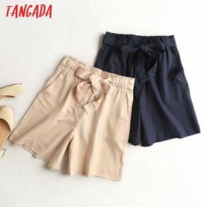 Tangadaの女性エレガントな夏の粘着ショートパンツスラッシュポケットの女性レトロな基本カジュアルショーツ高品質4C1 210609