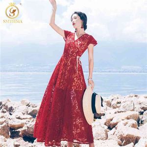 Chegada Red Lace Hollow Out Summer Dress Doce Mulheres Sexy Backless Férias Longas Vestidos Robe 210520