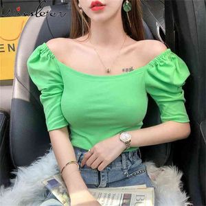 Women T-shirt Off Shoulder Cotton Tops Casual Fashion Solid Color Puff Sleeve Skinny T-shirts Summer T07601B 210421