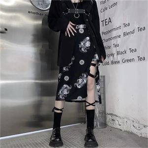 Gothic Punk Hip Hop Cargo Skirts Women Harajuke High Waist Belt Buckle Black Long Dragon Pattern Streetwear Saia Female 210421
