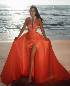 Sexig Orange Prom Klänningar Keyhole Neck Mermaid Pärlor Kristaller High Split African Sweep Train Evening Gowns Mellanöstern Plus Size Vestidos de Festa