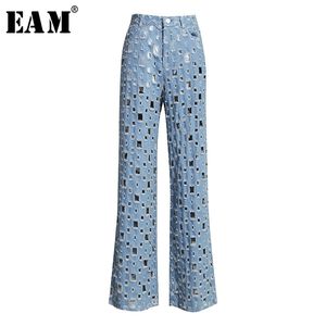 [eam] واسعة الساق الأزرق الدنيم الجوف خارج جينز طويل الخصر فضفاضة النساء السراويل الأزياء ربيع الخريف 1K434 210922
