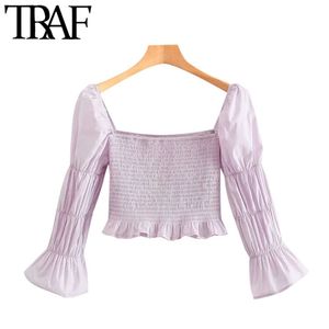 Mulheres Doce Moda Com Ruffled Smocked Cropped Blusas Vintage Três quartos Manga Feminina Camisas Chic Tops 210507