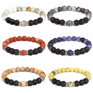 Natur Blå Röd Svart Gul Sten Beaded Armband Kvinnor Män 8mm Lava Pärlor Stretch Lucky Strands Armband Lover Friend Smycken Gåvor