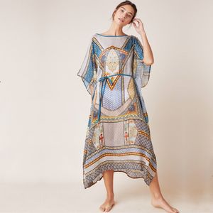 Skriv ut Chiffong Beach Cover Up Tunikor för lång kaftan bikini robe de plage sarong baddräktskåpa # q874 210420