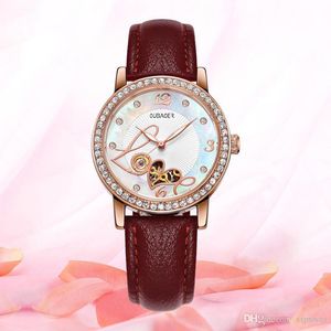 女性の自動メカニカルウォッチ高級高品質の時計5色ダイヤル中空女性ラインストーンレザーストラップスポーツ（腕時計