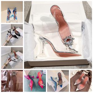 2022 Dress Shoes begum bowknot crystal buckle Transparent diamond sandals shine cap toe heels tip with the empty sexy women' shoe summer fairy embellished