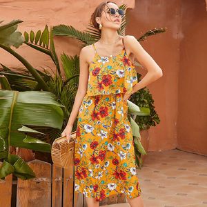 Spagetti Kayışı Çiçek Baskı Seksi Kapalı Omuz Kolsuz Elbise Kadın Rahat Zarif Streetwear Boho Beach Parti Midi Elbise 210608