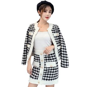 Conjuntos femininos de lã com vestido de duas peças outono e inverno retrô xadrez tweed + saia curta cintura alta