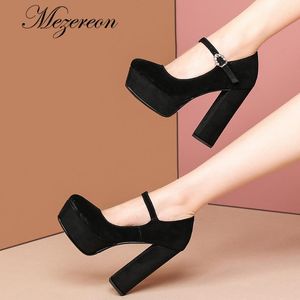 Klänning Skor Kvinnor Plattform Mary-Jane Round Toe Chunky High Pumps Heels Ankel Strap Hoof Black Suede Career