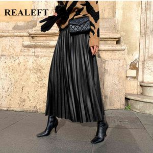 REALEFT Autumn Winter Faux PU Leather Pleated Long Skirts for Women High Waist All-match Umbrella Chic Skirts Female 211120