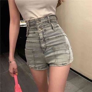 Pocket denim sommar midja hög midja täta kvinnor jeans sexiga casual shorts pants skinny jeans smal kort 1601a 210420