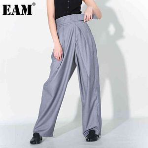 [EAM] Wysoka talia plisowana szara krótki długie szerokie spodnie nogi luźne spodnie spodnie kobiety moda wiosna jesień 1t735 210512