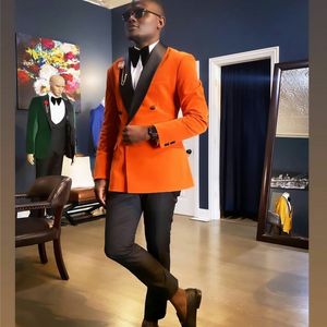 Orange Double Breasted Mens Suits 2 Pieces Groom Man Pants Suit Business Wedding Tailored Blazer (Jacket+Black Pants)