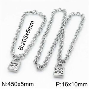 Fashion Women Men Silver Color Gold Stainless Steel Round Lock Key Heart Uno de 50 Ball Bead Bracelet Necklace Jewelry Sets 210320