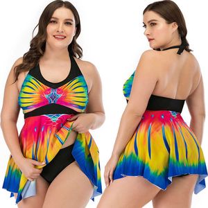 Drukuj Swimsuit Kobiety Plus Rozmiar Tummy Control Swimwear Kobieta Tankini Sukienka Krótkie Dwa Kawałki Bikini Ustaw Summer Biquini 5XL 210604