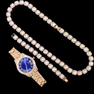 Wristwatches Hip Hop Iced Out Women Men Watch+Bracelet +Necklace Set High Quality Watches Square Crystal Cuban Link Necklace Bracelet Jewelr