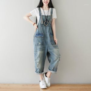 Damen Jumpsuits Strampler Große Größen Denim Baggy Hosenträger Cowboy Rissene Hose Hose Wide Beine BIB Jean Overalls Tasche Drop Crotch