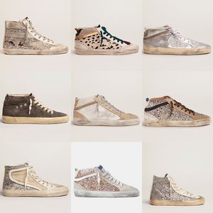 Nya släpp MidStar High Top Skor mode Sneakers Italien Klassisk Vit Do-old Dirty Designer Man Dam Sko Silver Glitter läder