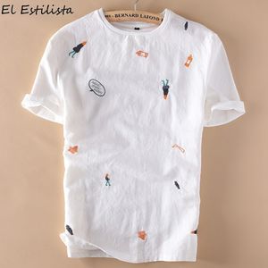 Marca Mens Cool Manga Curta Camisa De Linho Dos Desenhos Animados Bordados Rodada Collar Slim Men's Summer Roupas de manga