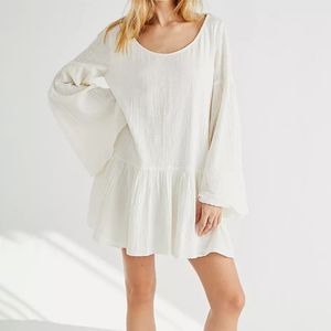 Women Ruffles Long Flare Sleeve Mini Dress Spring Summer Casual Solid O-Neck Female Loose White Boho Beach Dress Vestidos 210416