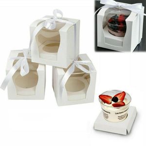 Presentförpackning 12st Cupcake Candy lådor med bandpapper Cookie Box Clear Window Packaging Bag Party Favorit Year Decorations