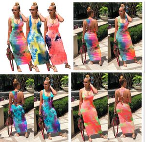 Kvinnor Tie Dye Kjolar Sexig Bodycon Tank Klänning Ärmlös Långa Klänningar Sommar Beachwear Nattklubb Kläder 2021