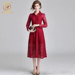 High Quality Runway Women Long Sleeves Single-Breasted Maxi Dress Wine Red Lace Dresses Vestidos 210520