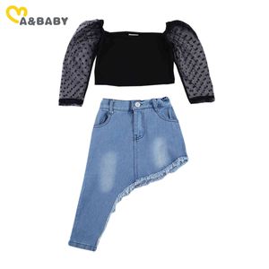 1-7Y verão moda criança crianças meninas roupas conjunto laço manga camisa tops azul denim saias saias trajes 210515