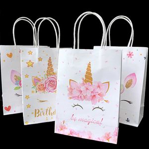 Unicorn Party Material 12 Pçs / Set Unicorn Gift Sacos Bolsas De Papel Kraft Com Punho Dos Desenhos Animados Unicórnio Decorações De Festa de Aniversário Crianças 210724