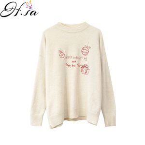 H.SA Kvinnor Casual Tröjor Fleeced Soft Beige Red Pull Jumpers Brev Skriv ut År Sweater Varma Kläder 210417