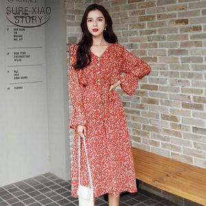 Casual Summer Print Long Sleeve Red Midi Dress Floral Chiffon Vintage Women Dress V Neck Ladies Dresses Robe Femme 8568 50 210527