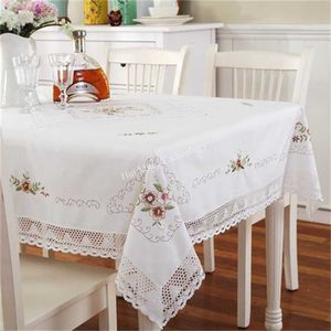 Europa Haftowany Biały Obrus ​​Dining Cover Cotton Yarn Koronki Pastoralny Ręcznik Kawy z HM54 211103