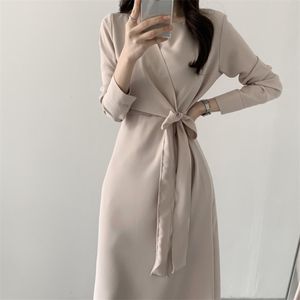 Coreano stile giapponese chic elegante lace-up abito lungo sottile donna autunno sexy scollo a V fasciatura abito casual femme 210514