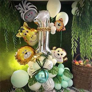 48pcs / set selva Animal Party Foil Number Balloons Set Floresta Safari Jungle Girafa Kids 1-9th Festa de Aniversário Decors Globos 210719