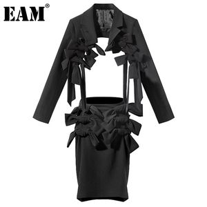 [EAM]半身のスカート2個の部分弓非対称スーツターンダウンカラー長袖黒人女性春秋1DD6952 21512