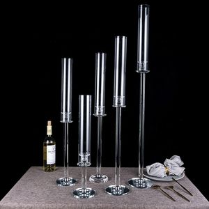 Tall acrylic tube wedding crystal candelabra centerpieces table decoration hurricanes cups candle holder on sale senyu611