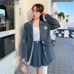 Spring Korean Womens 2 Piece Set Fashion OL Single-breasted Slim Blazer Coat + Mini Pleated Skirts Suit 210531